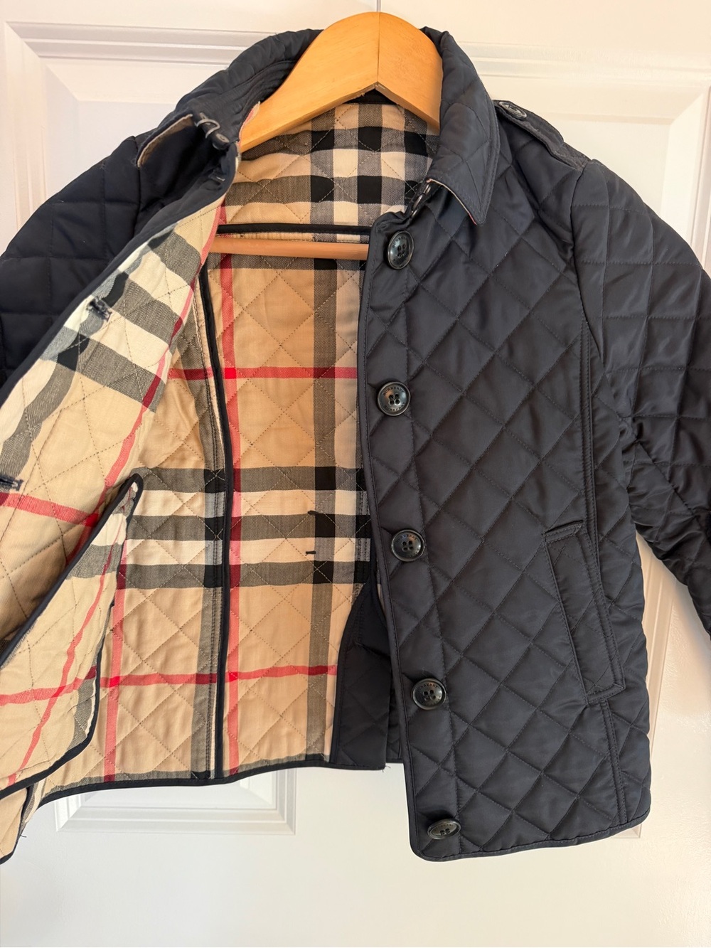 Burberry Girl’s Classic Quilted Navy Jacket with Signature Tartan Check, 10Y